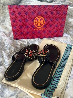 Tory Burch Black Leather Sandals with Black & Gold Logo Medallion